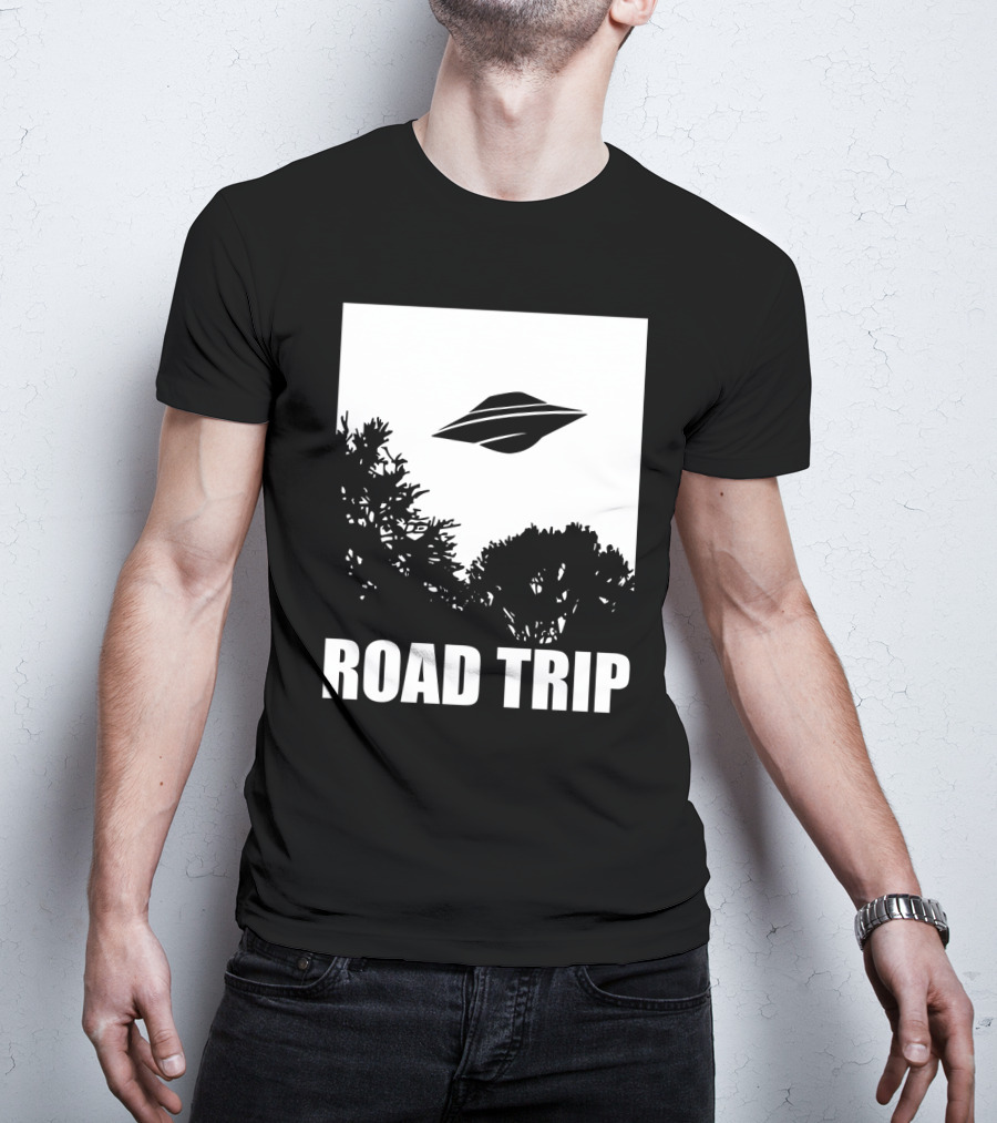 Road Trip UFO Flying Over Silhouette Trees T-Shirt