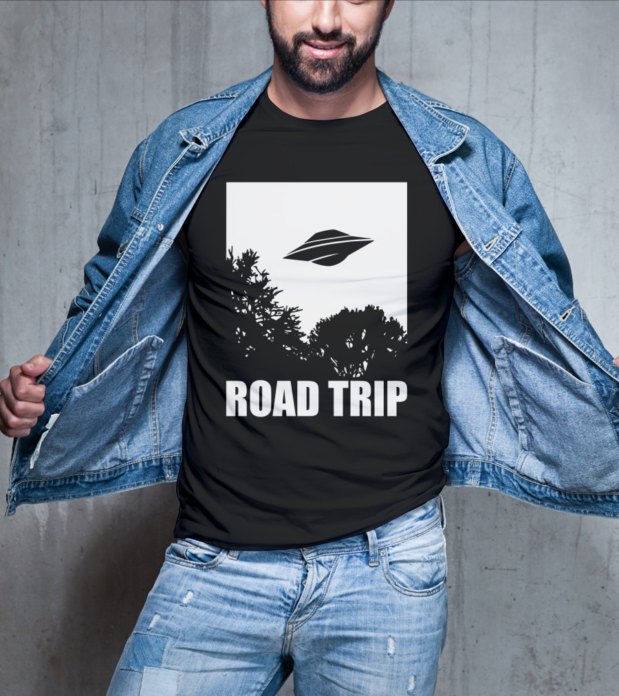 Road Trip UFO Flying Over Silhouette Trees T-Shirt