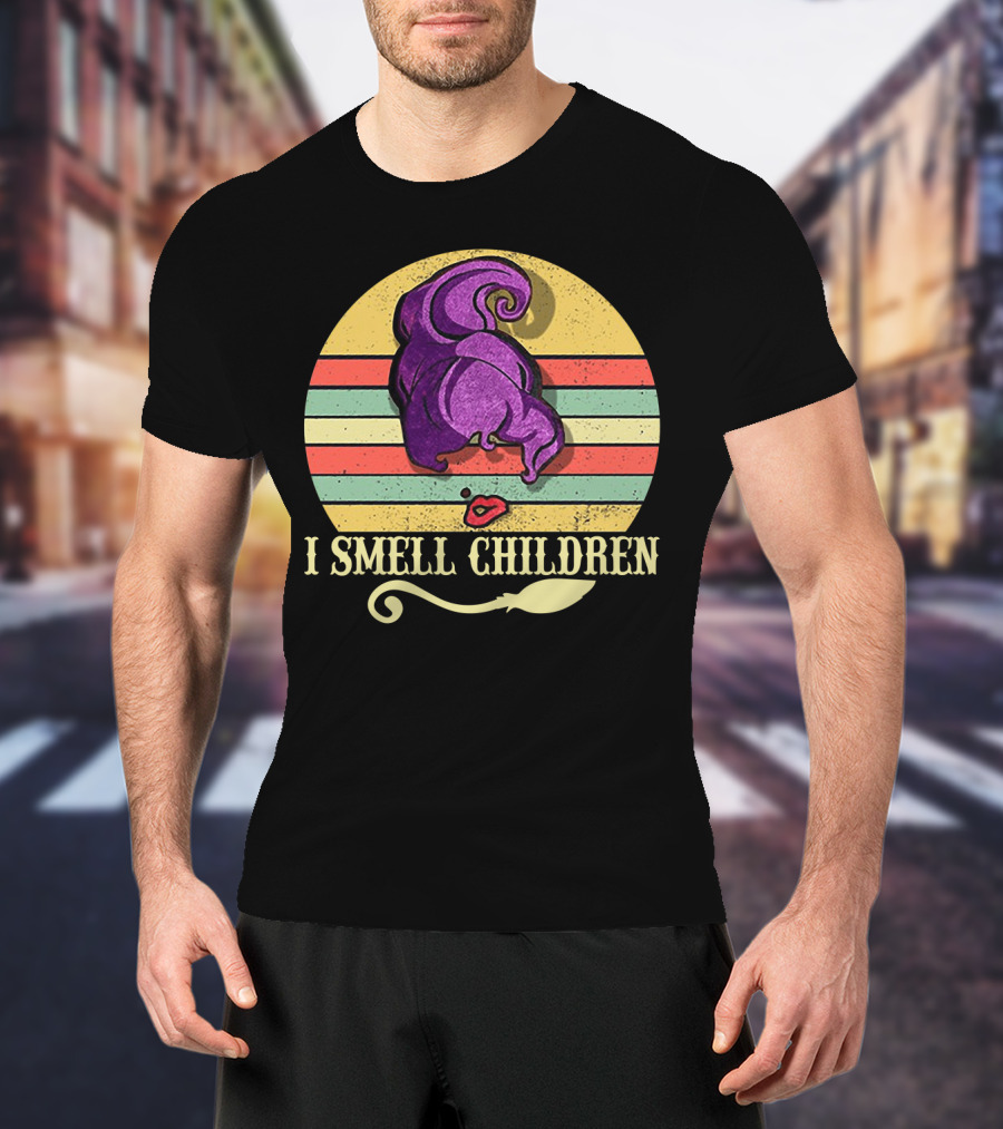 I Smell Children Vintage Sunset Mary Sanderson Hocus Pocus Witch Hat Retro Stripes T-Shirt