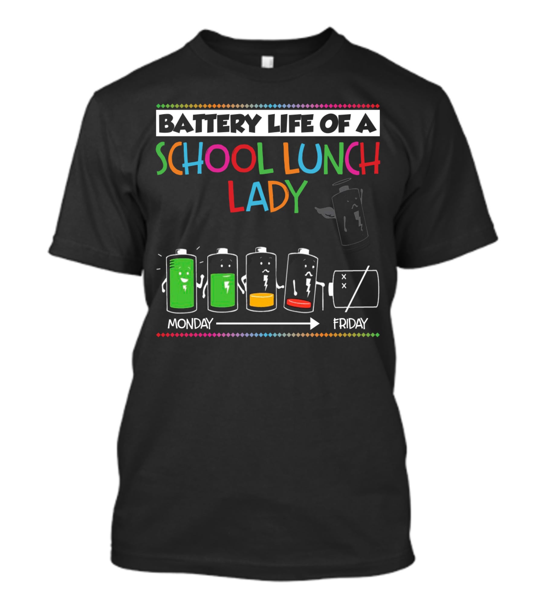 Battery Life Of A School Lunch Lady From Monday To Friday Featuring Depleting Battery Levels T-Shirt