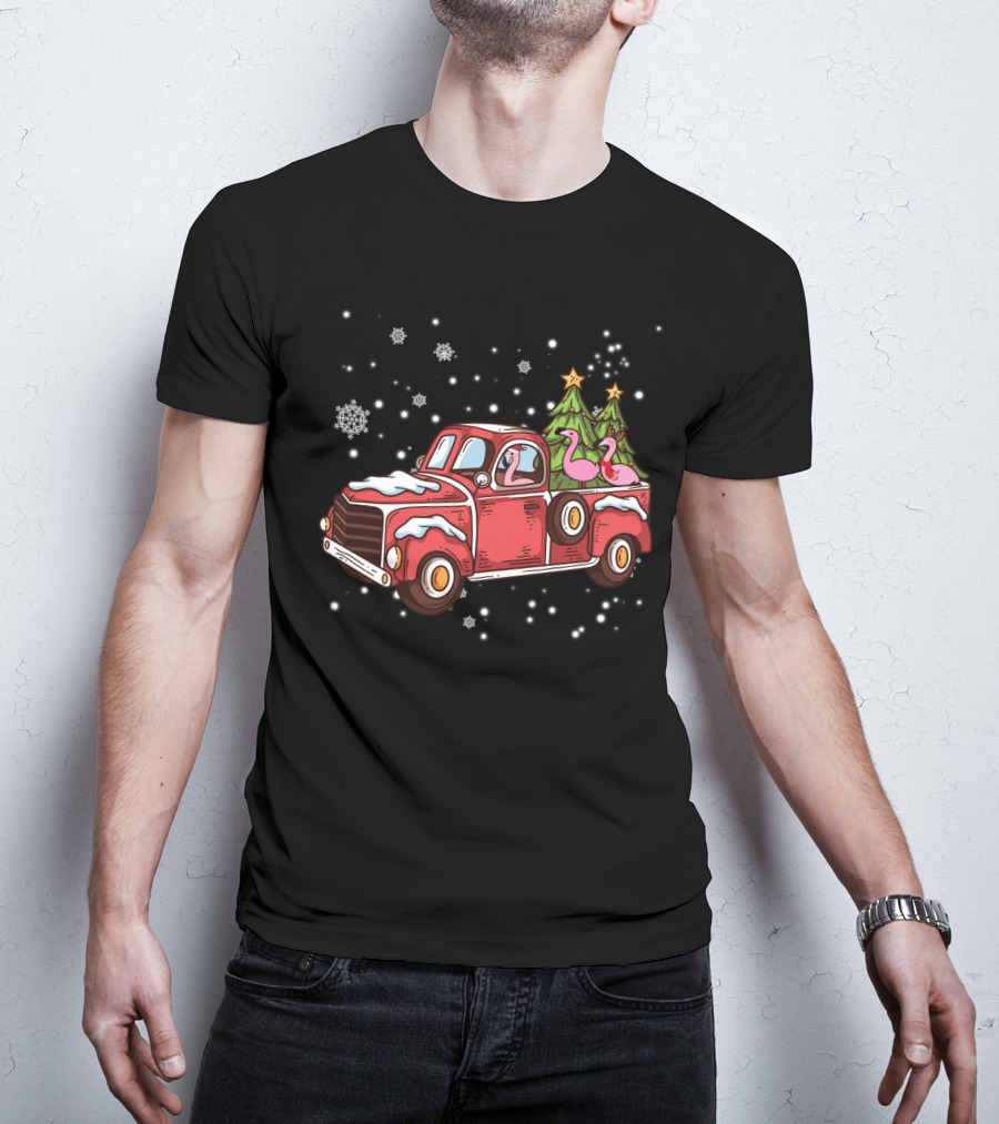Christmas Flamingos Riding In Red Truck With Snowflakes And Christmas Trees T-Shirt