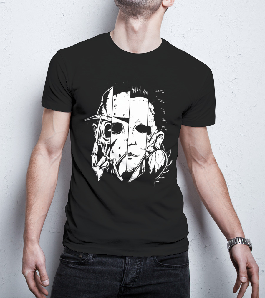 Freddy Krueger Jason Voorhees Michael Myers Thomas Iconic Horror Faces Combined T-Shirt
