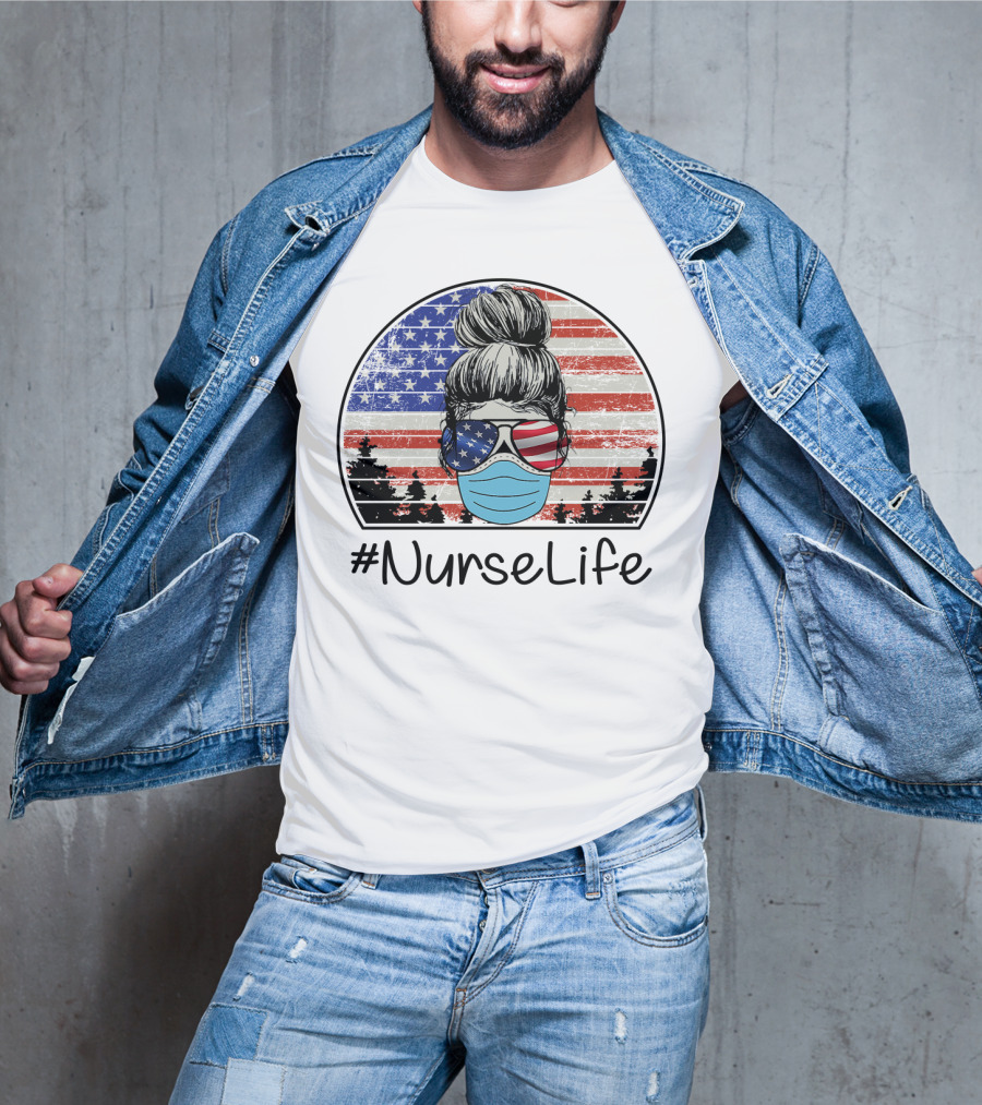 NurseLife American Flag Hair Bun Mask Glasses T-Shirt