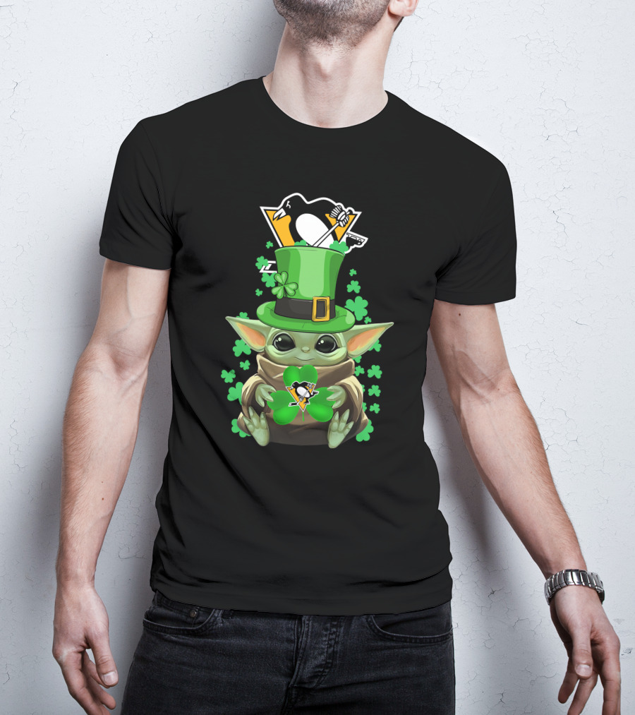 Baby Yoda Penguins St. Patrick's Day Shamrock T-Shirt