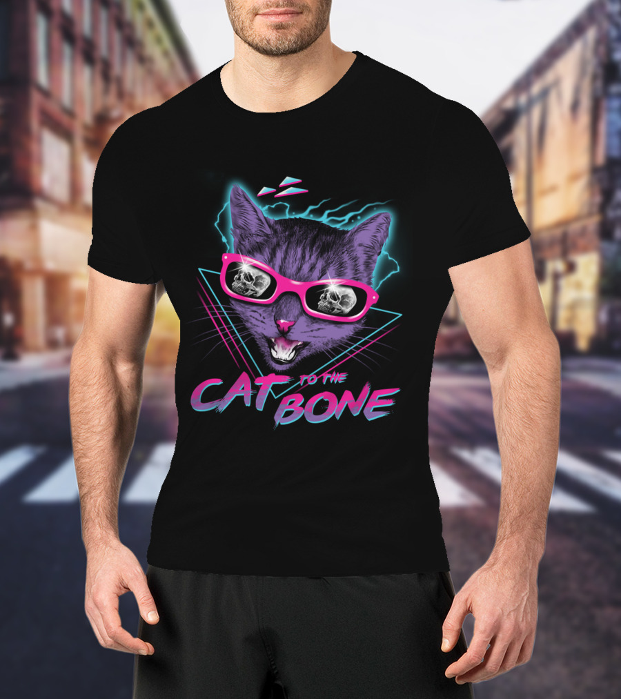 CAT TO THE BONE Retro Neon Cool Cat In Sunglasses With Skull Reflections T-Shirt