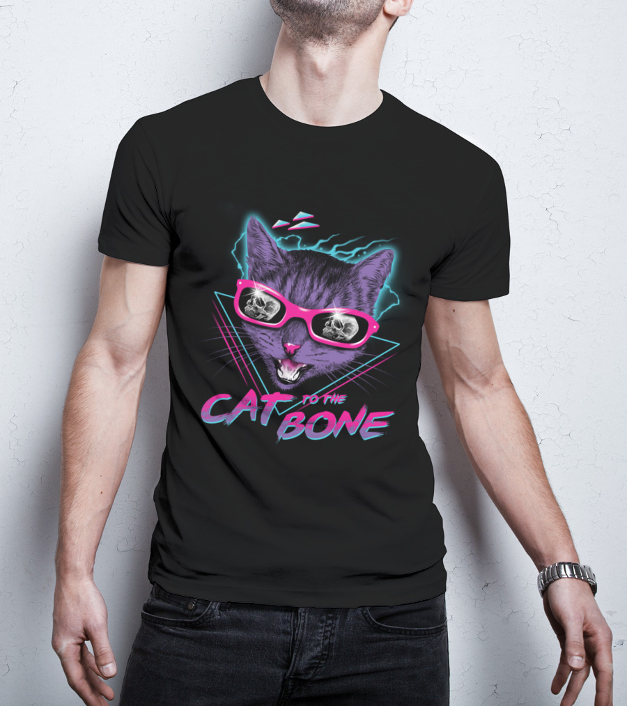 CAT TO THE BONE Retro Neon Cool Cat In Sunglasses With Skull Reflections T-Shirt