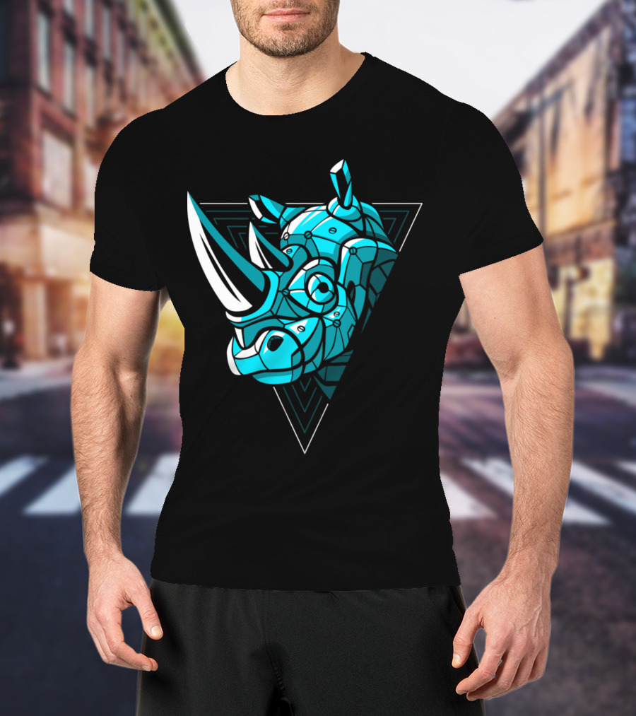 Cybernetic Blue Rhino With Neon Triangle Punk T-Shirt