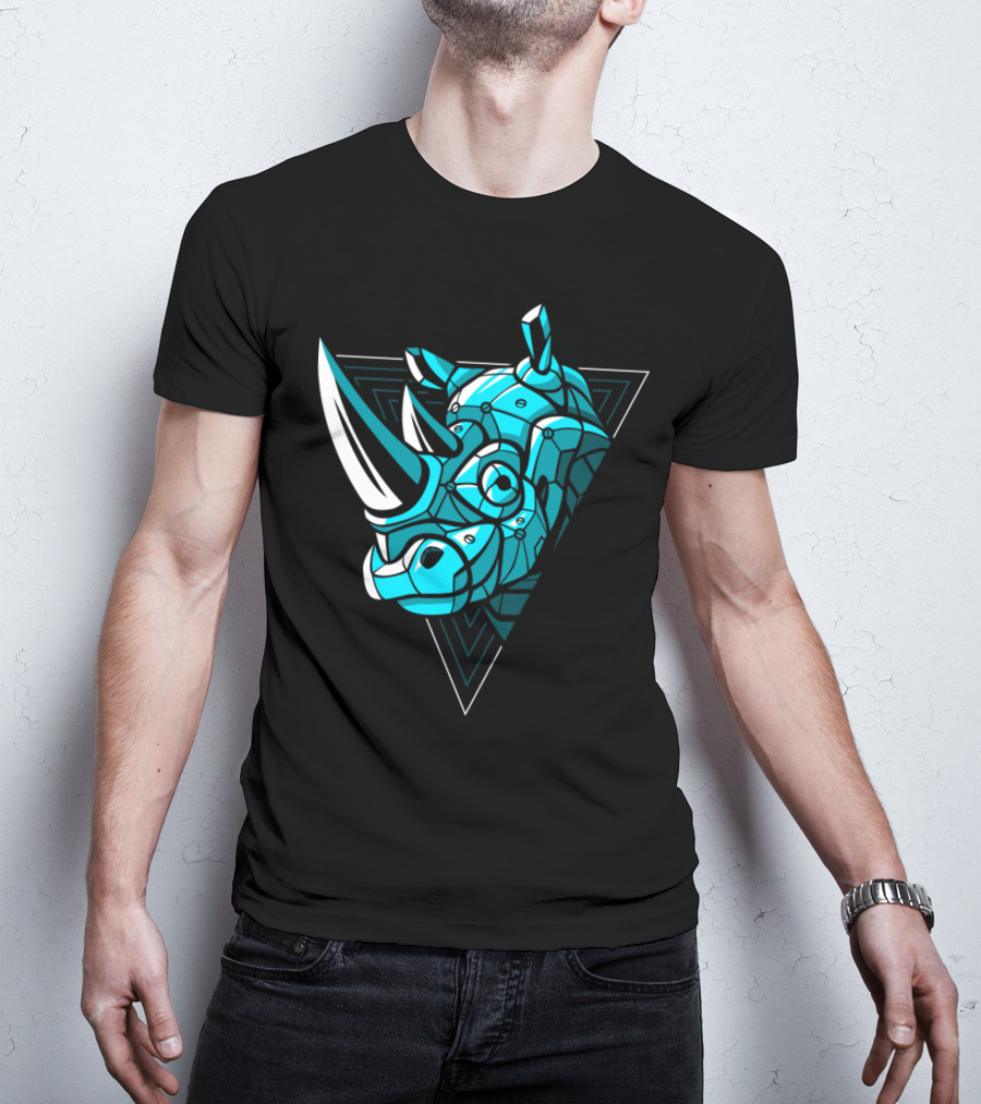 Cybernetic Blue Rhino With Neon Triangle Punk T-Shirt