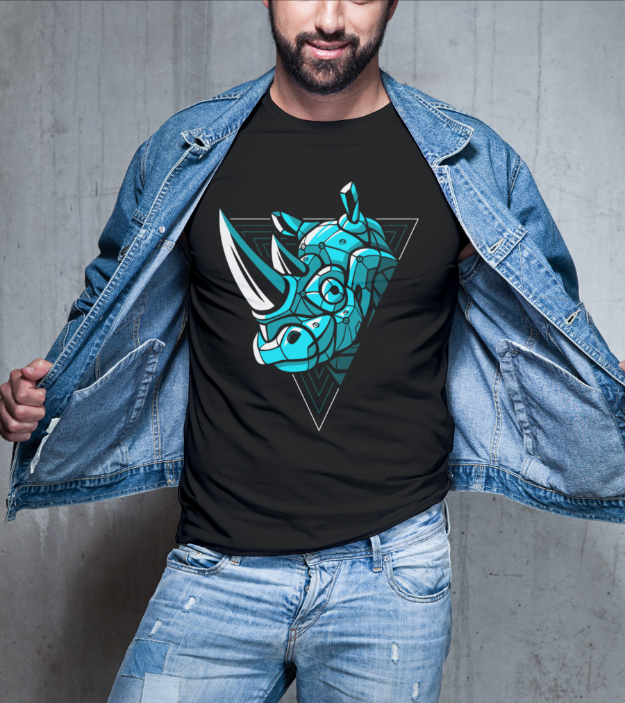 Cybernetic Blue Rhino With Neon Triangle Punk T-Shirt