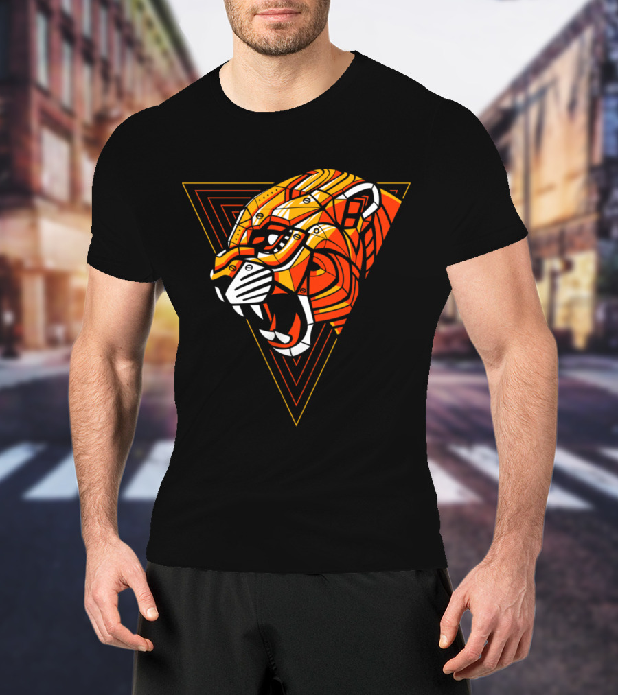Leopard Punk Machine Geometric Triangle Roaring Face T-Shirt