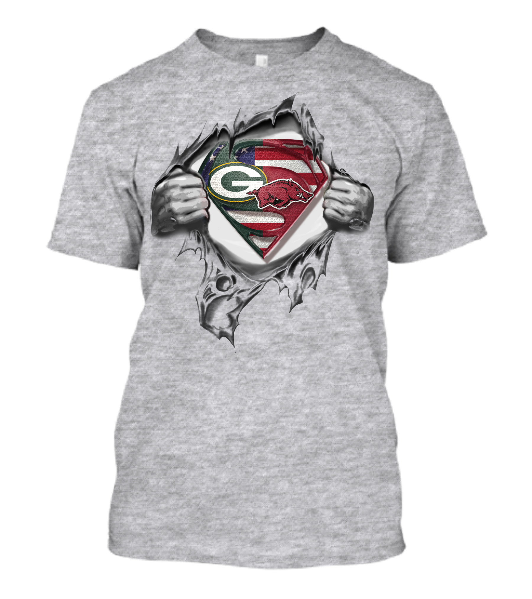 Green Bay Packers Arkansas Razorbacks Superman Logo American Flag Background T-Shirt
