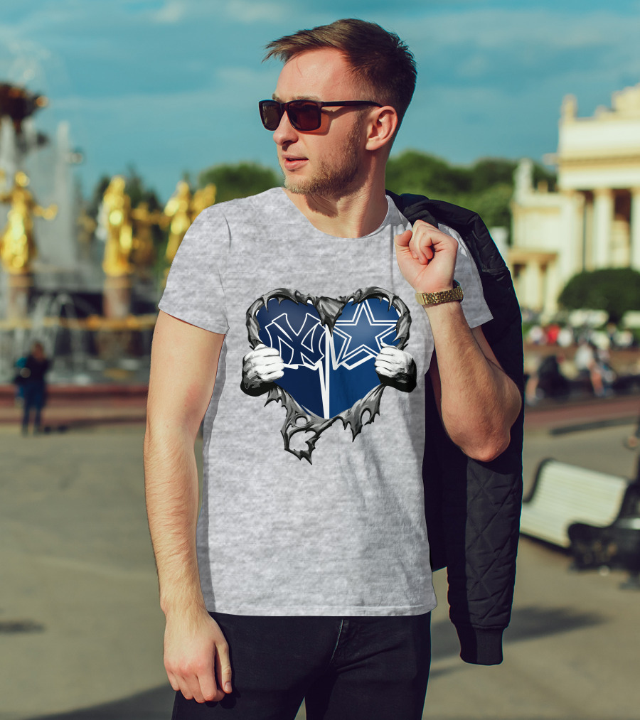 Cowboys And Yankees Heart Emblem With Hands Holding T-Shirt