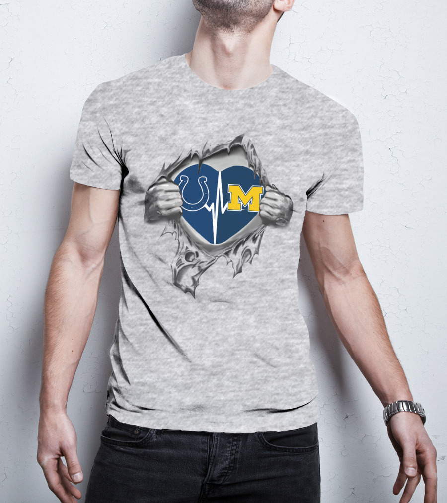 Michigan Wolverines Indianapolis Colts Heartbeat Logo Fusion T-Shirt