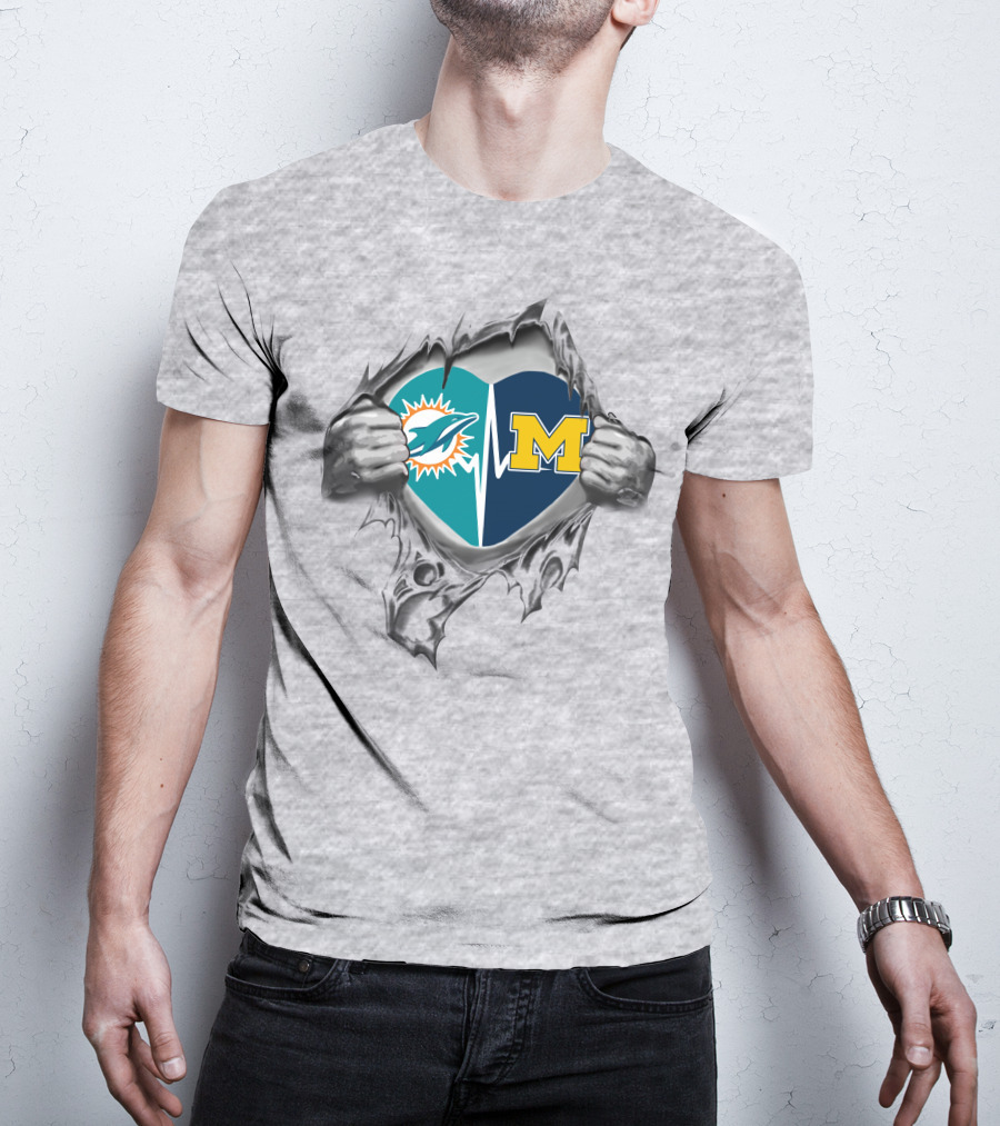 Michigan Wolverines Miami Dolphins Heart Tear T-Shirt