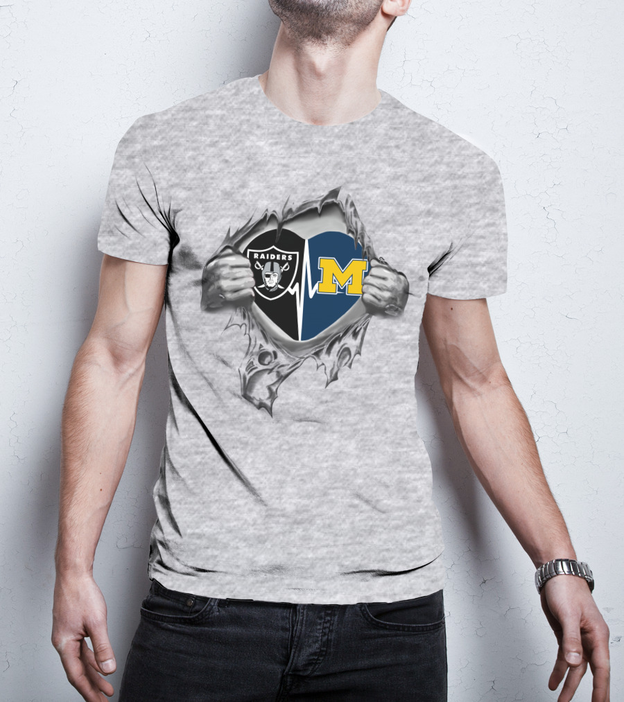 Raiders Michigan Wolverines Heartbeat Football Fan Fusion T-Shirt