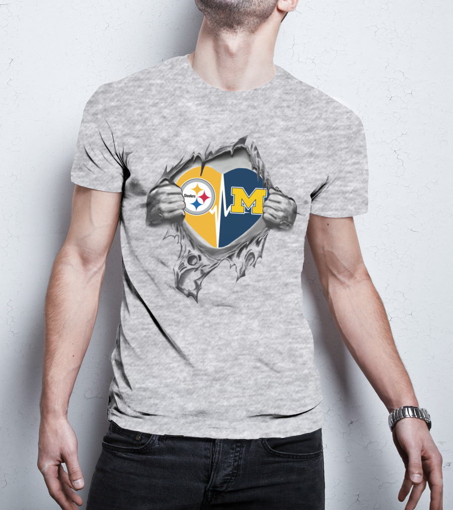 Michigan Wolverines Pittsburgh Steelers Heartbeat Fusion T-Shirt