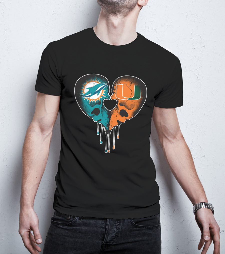 Miami Dolphins Hurricanes Love Heart Skull T-Shirt