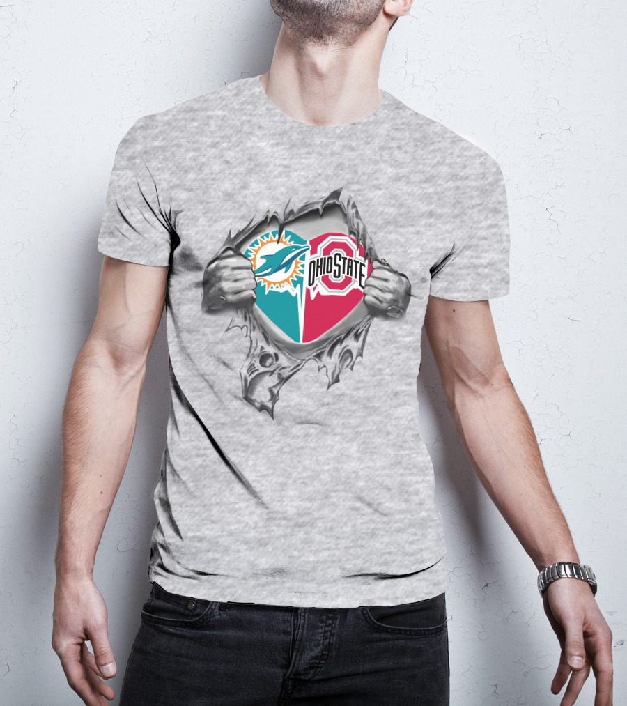 Miami Dolphins Ohio State Buckeyes Heart Logo Fusion T-Shirt