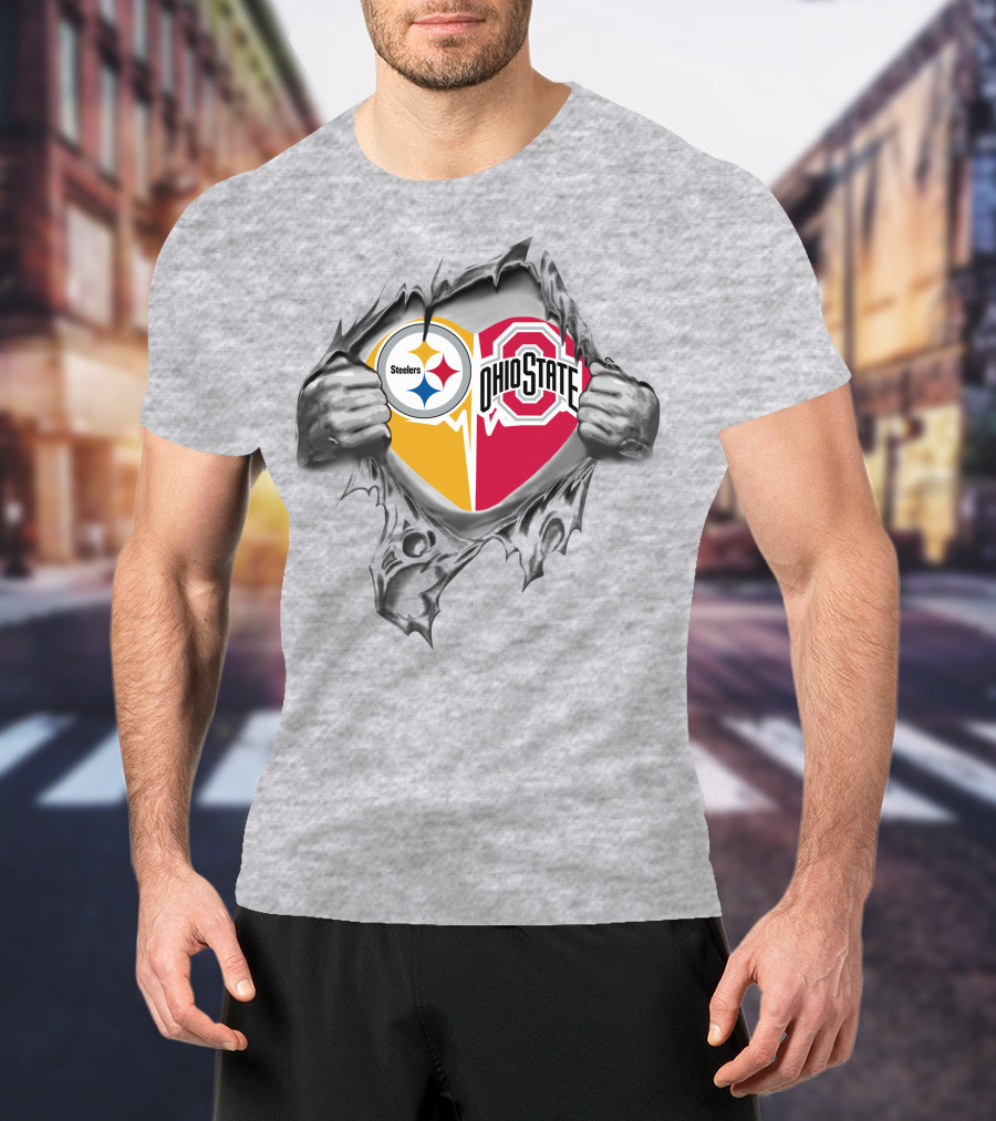 Steelers Heart Ohio State Buckeyes Logo With Ripped T-Shirt