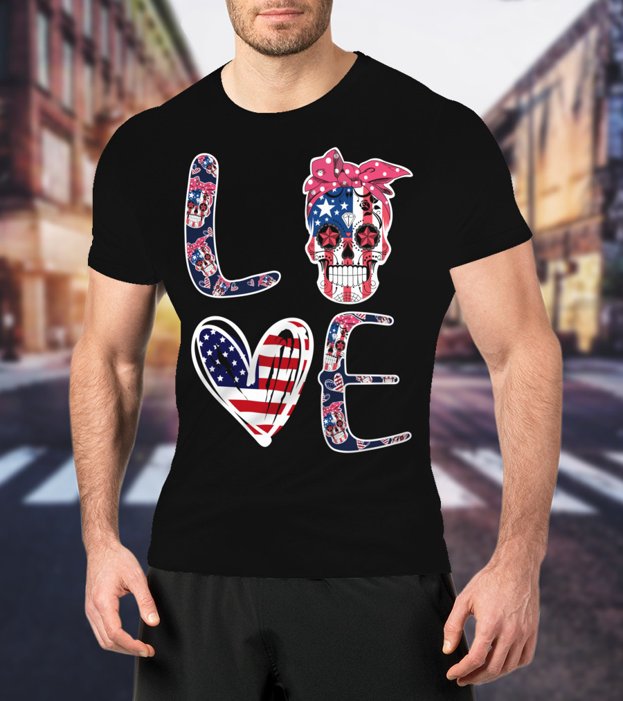 Skull Love American Flag Patriotic Bandana T-Shirt