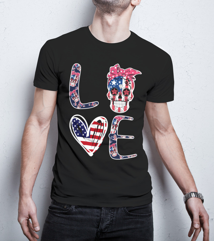 Skull Love American Flag Patriotic Bandana T-Shirt