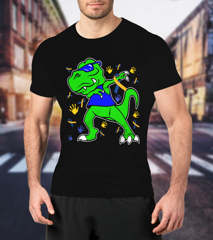 Dabbing Dinosaur With Sunglasses And Autism Awareness Ribbons And Handprints T-Shirt