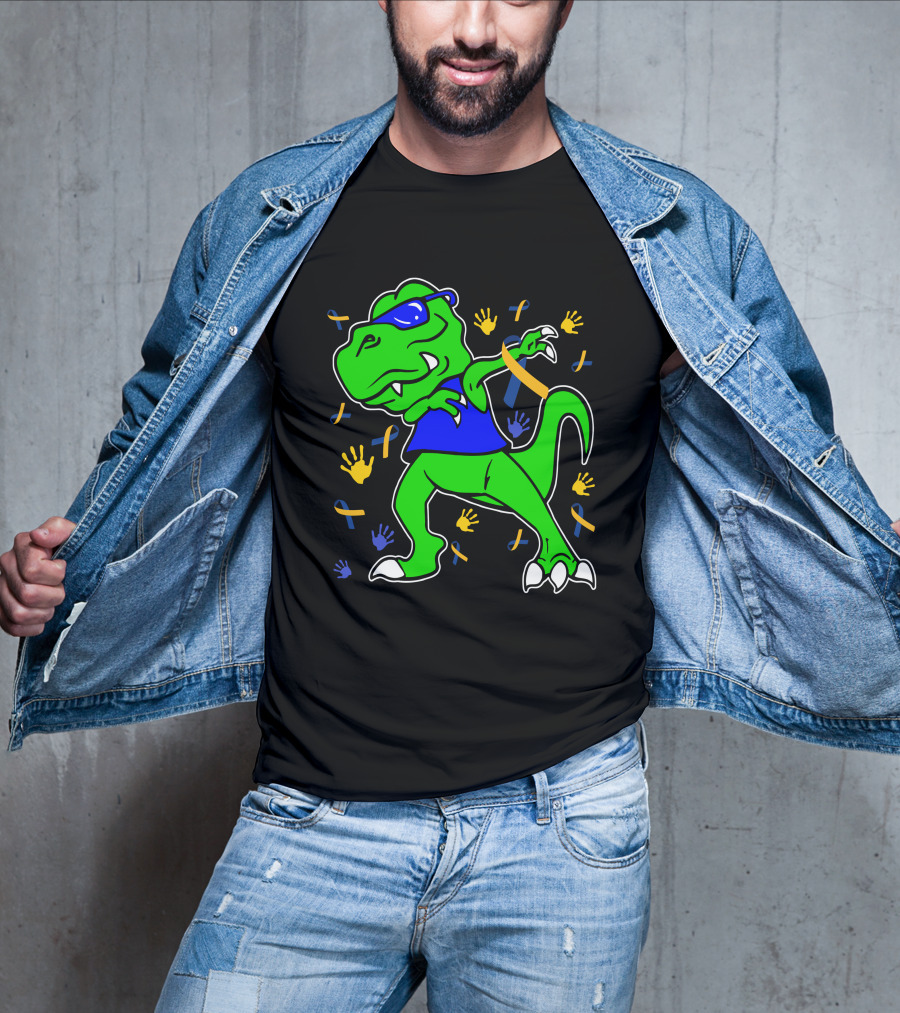 Dabbing Dinosaur With Sunglasses And Autism Awareness Ribbons And Handprints T-Shirt