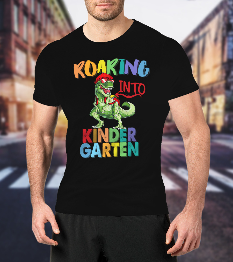 Roaring Into Kinder Garten Dinosaur With Red Cap And Backpack T-Shirt