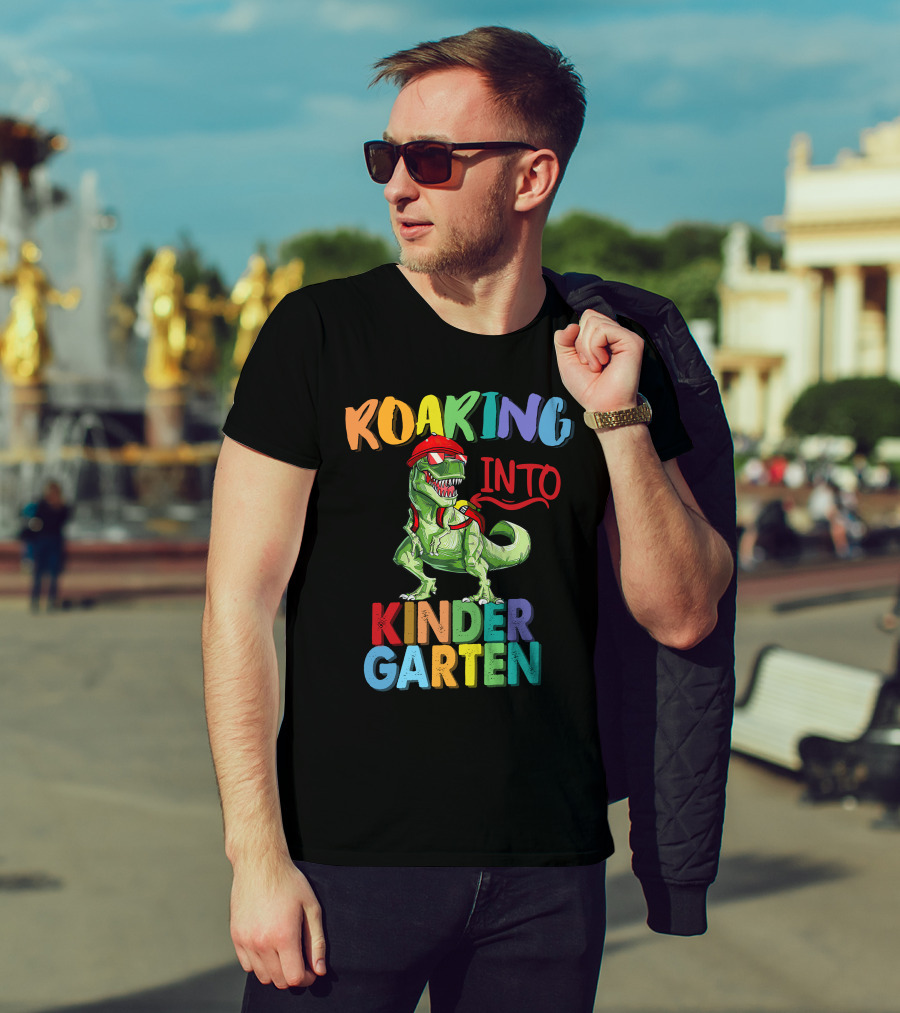 Roaring Into Kinder Garten Dinosaur With Red Cap And Backpack T-Shirt