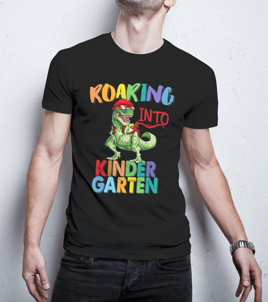 Roaring Into Kinder Garten Dinosaur With Red Cap And Backpack T-Shirt