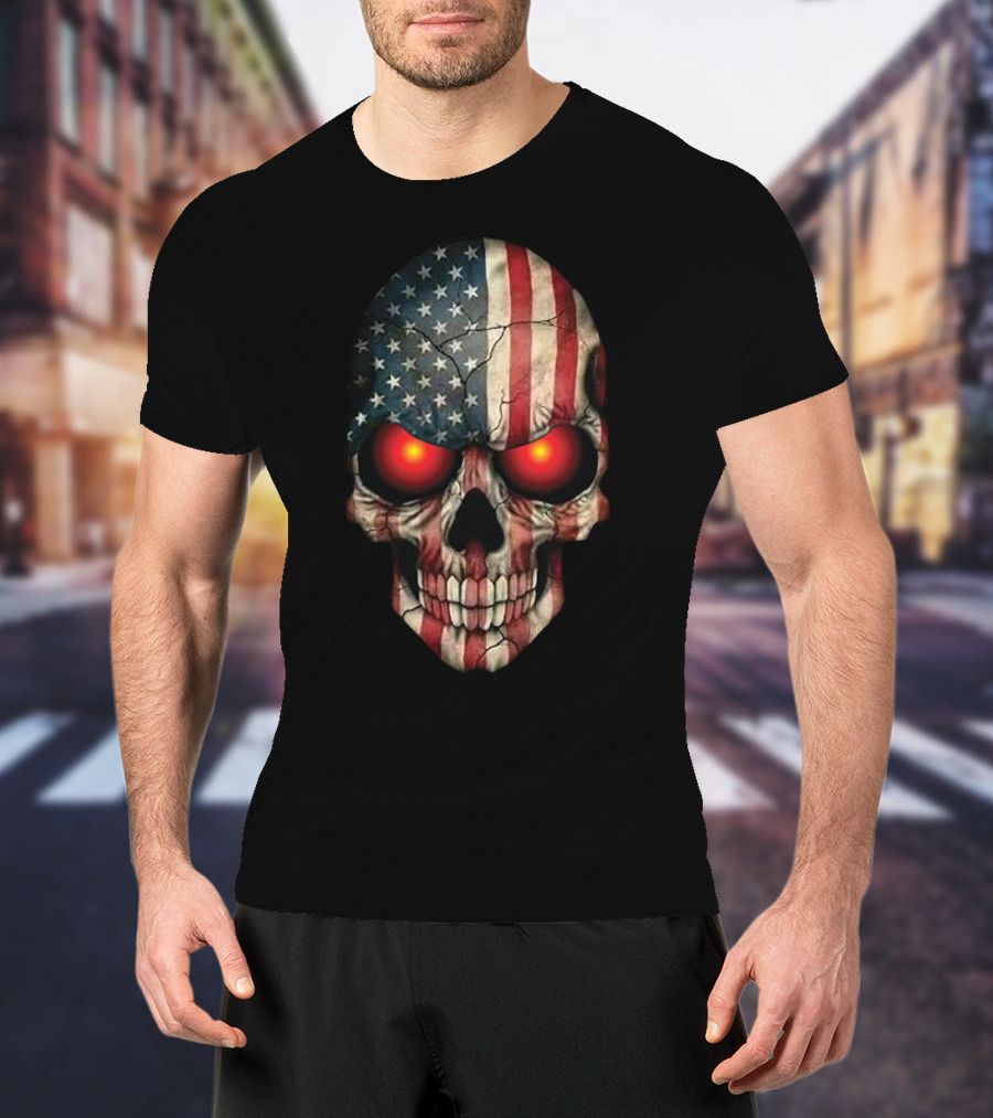 Stars And Stripes Skull With Glowing Eyes T-Shirt