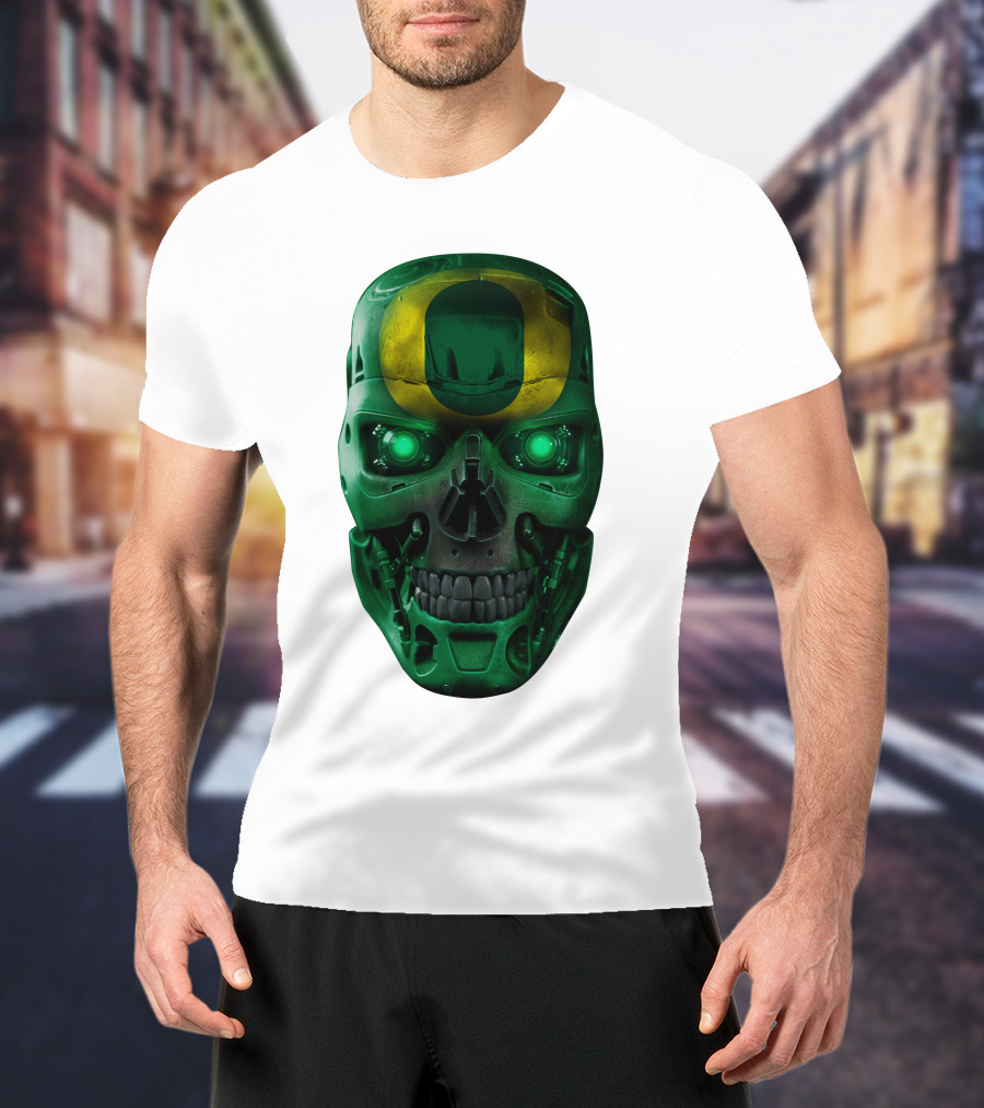 Oregon Ducks Skull Robot Green Neon Eyes T-Shirt