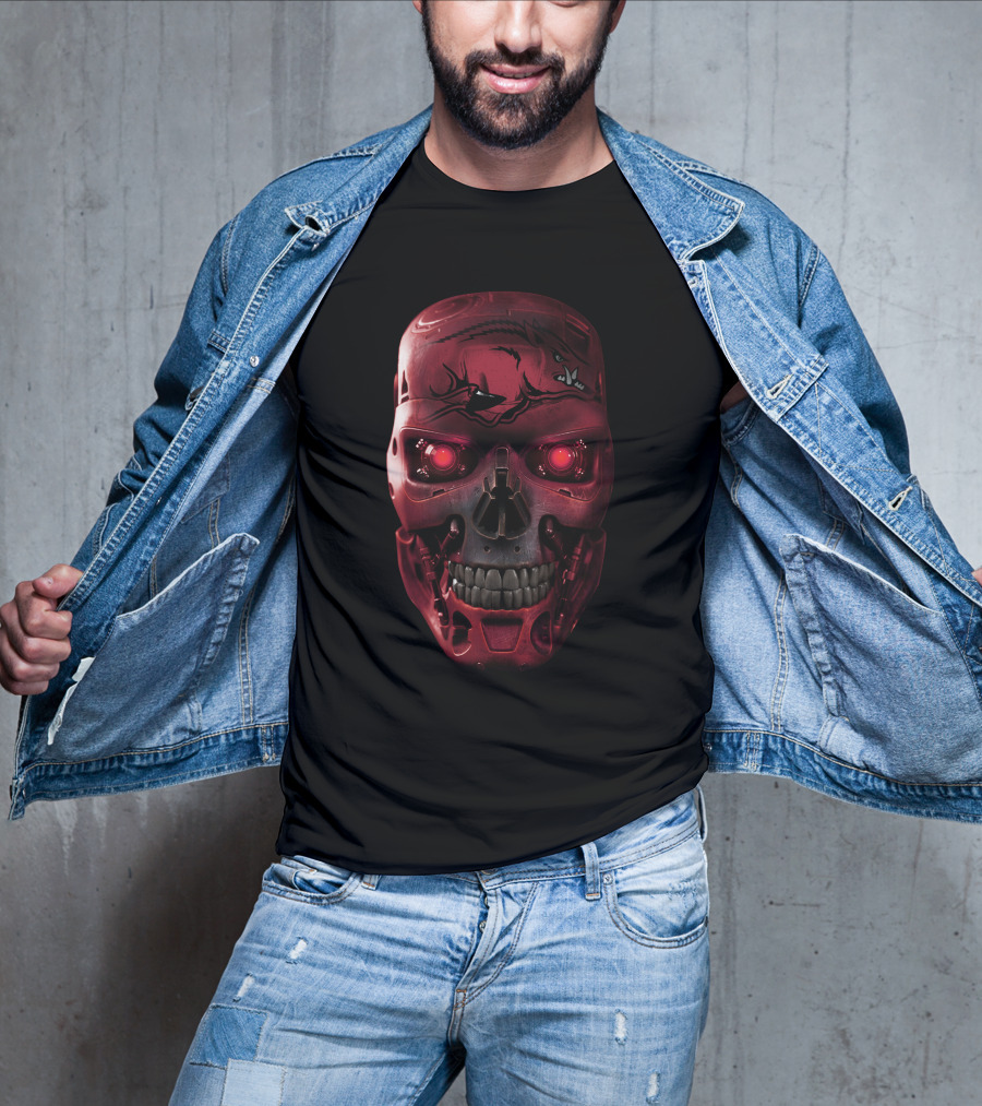 Skull Razorbacks Terminator Red Robot Face T-Shirt