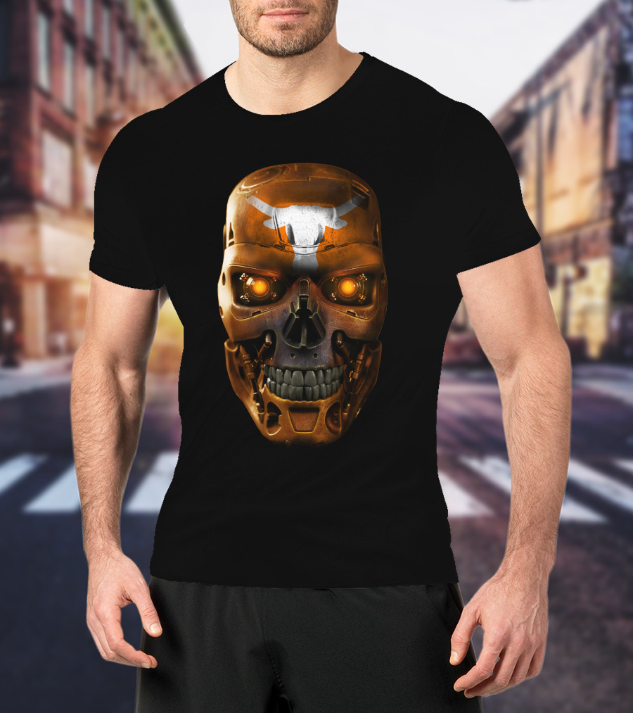 Skull Longhorns Futuristic Mechanical Face With Glowing Eyes T-Shirt