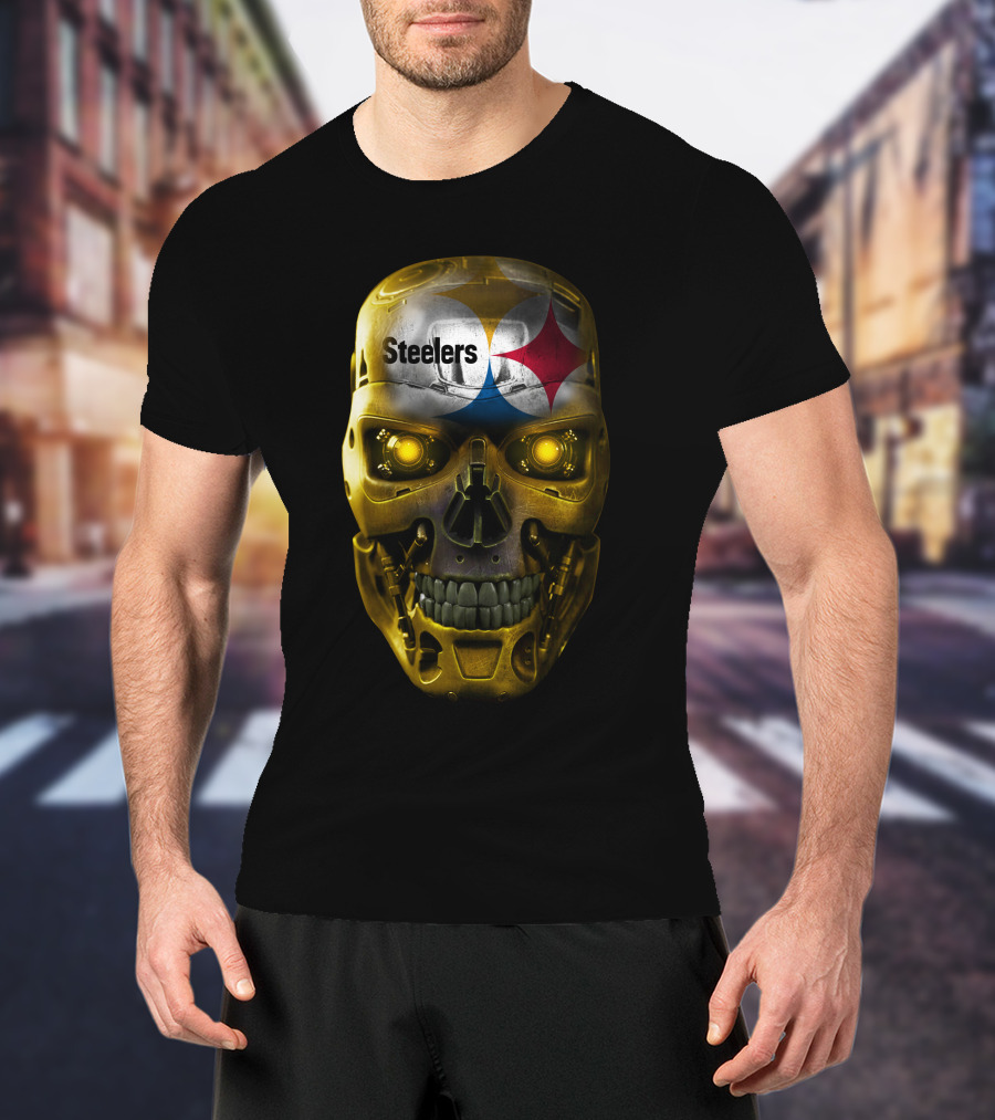 Steelers Skull Cyborg With Logo And Glowing Eyes T-Shirt