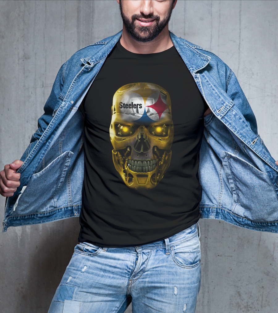 Steelers Skull Cyborg With Logo And Glowing Eyes T-Shirt