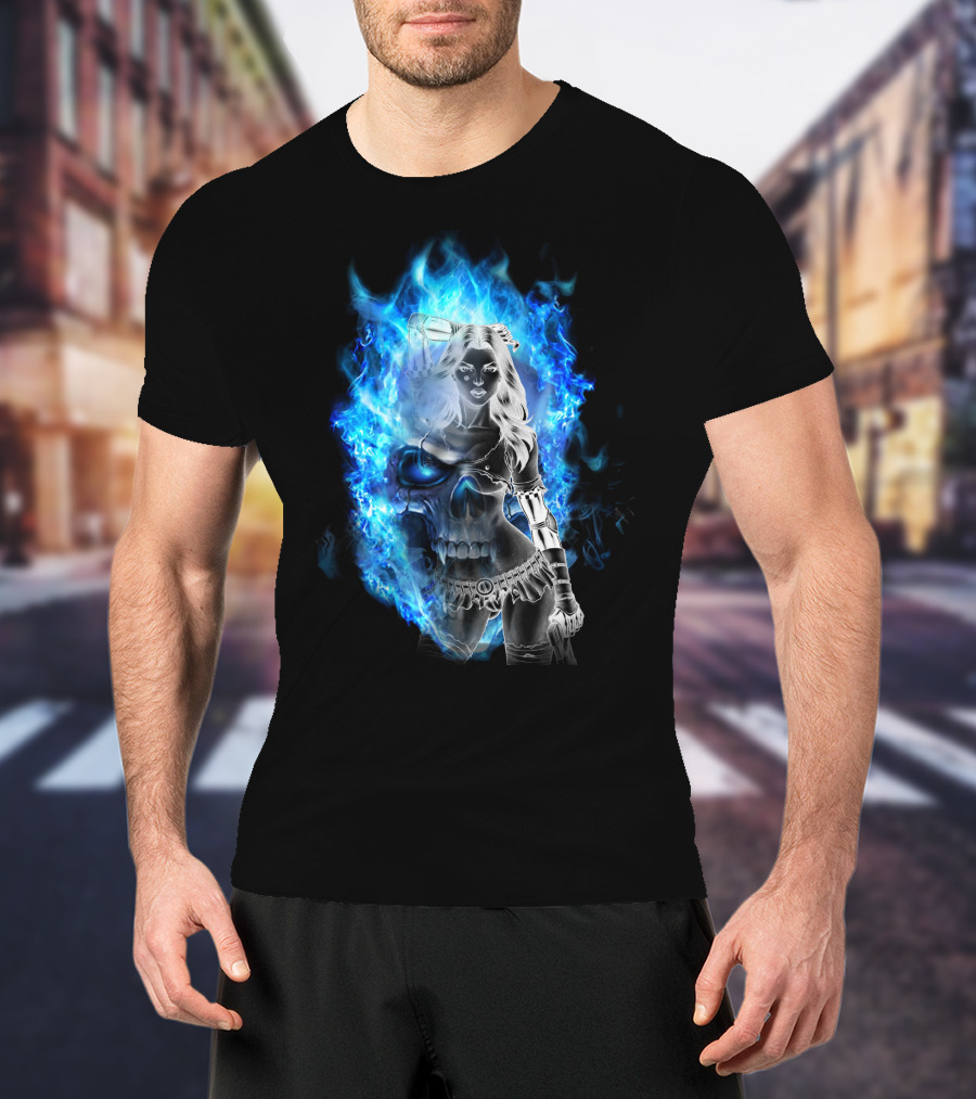 Skull Girl Blue Flames Warrior T-Shirt