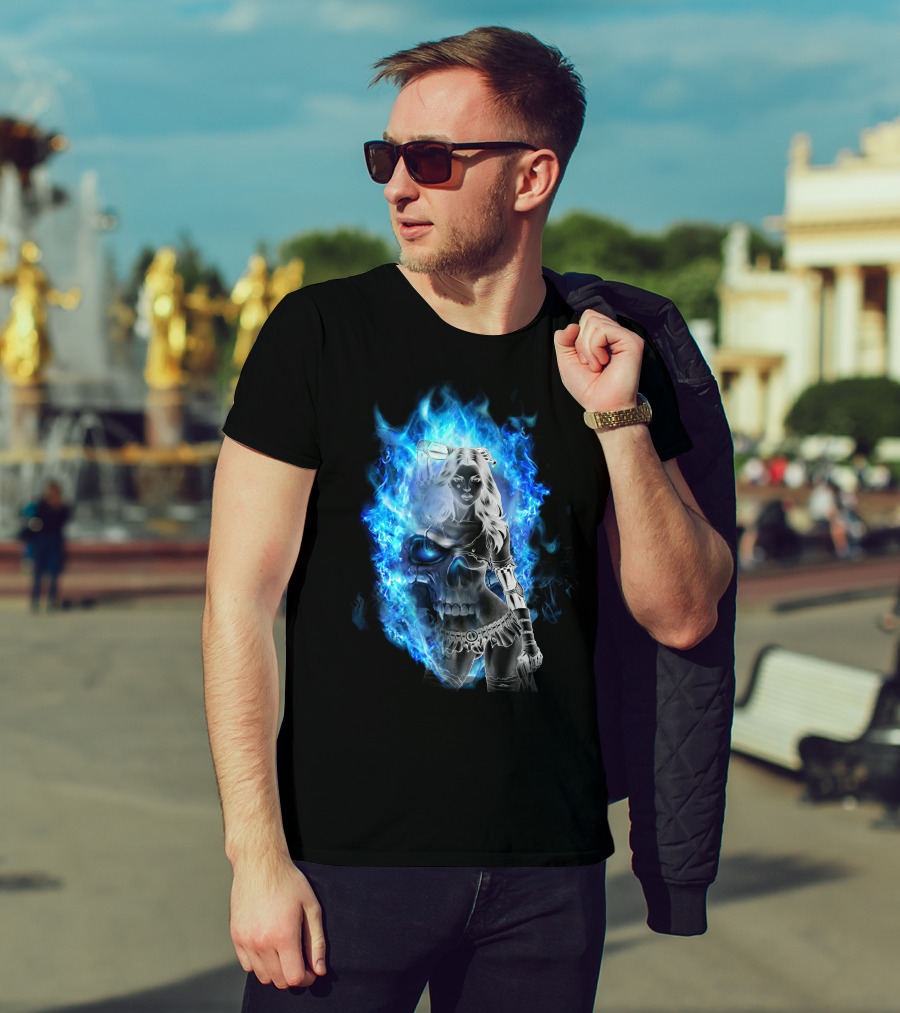 Skull Girl Blue Flames Warrior T-Shirt