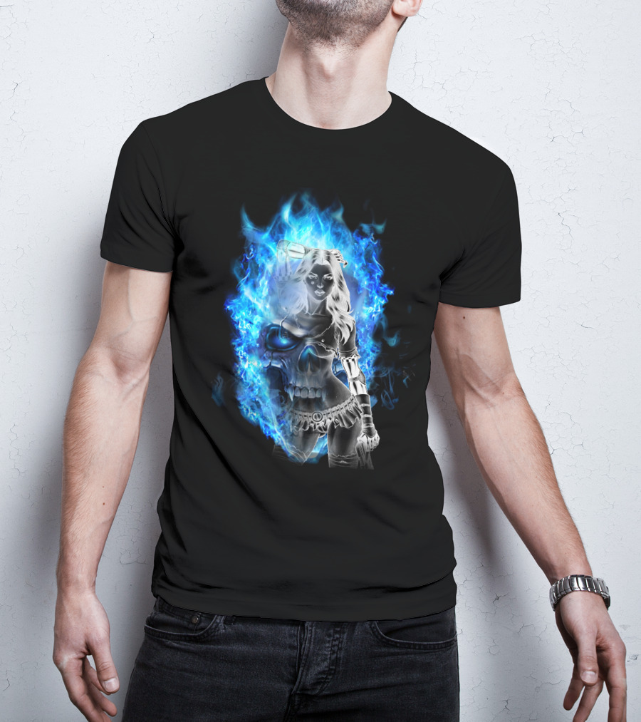 Skull Girl Blue Flames Warrior T-Shirt