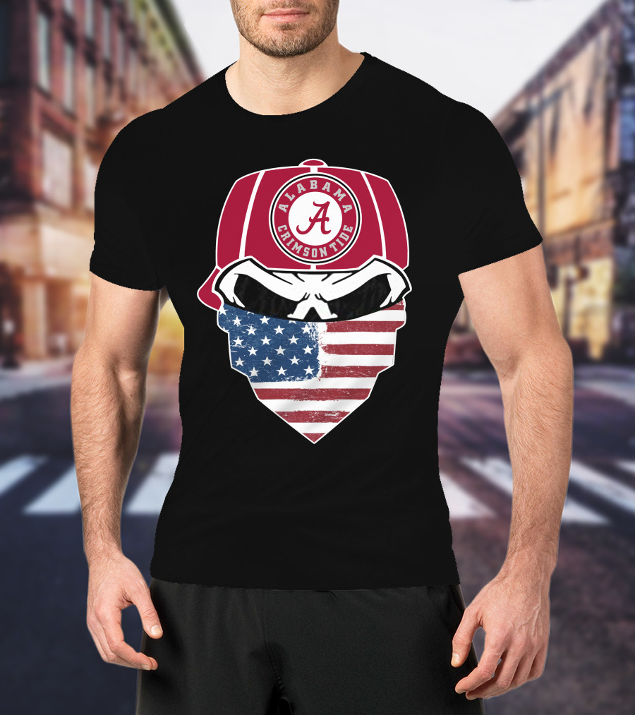 Alabama Crimson Tide Skull American Flag Bandana T-Shirt