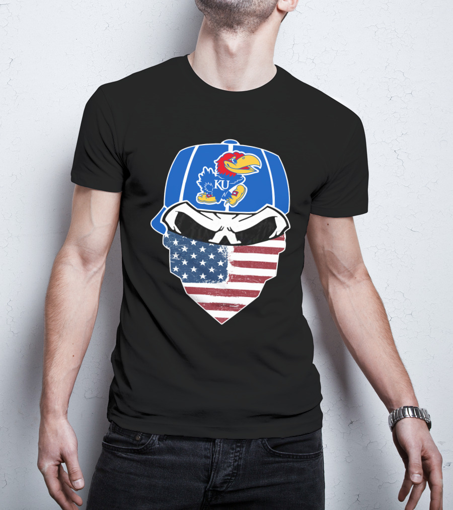 KU Jayhawks Skull American Flag Bandana Cap T-Shirt