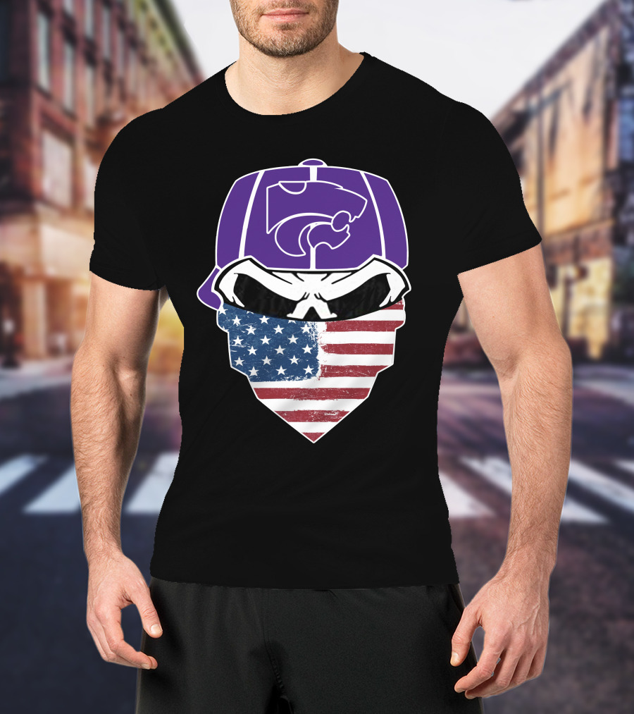 Kansas State Wildcats American Flag Skull Hat T-Shirt