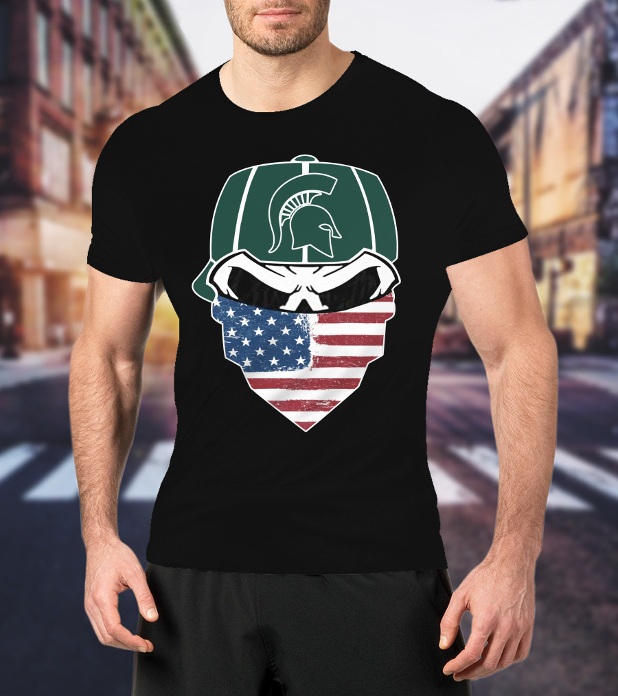 Michigan State Spartans Skulls Helmet With American Flag Bandana T-Shirt