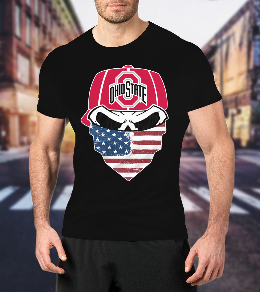 Ohio State Buckeyes Skull American Flag Bandana T-Shirt