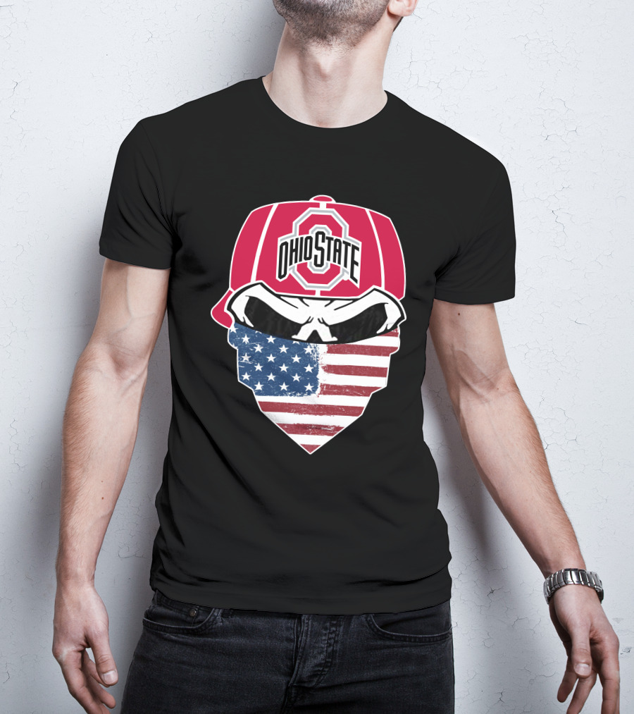 Ohio State Buckeyes Skull American Flag Bandana T-Shirt