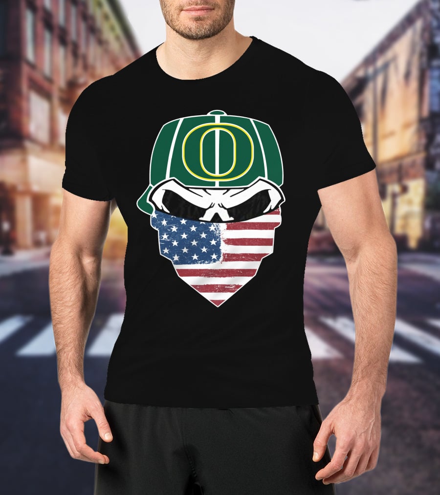 Oregon Ducks Skulls American Flag Mask T-Shirt