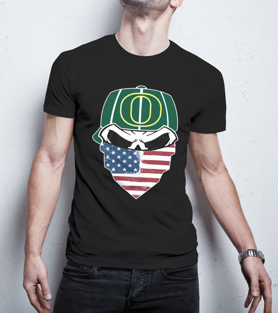 Oregon Ducks Skulls American Flag Mask T-Shirt