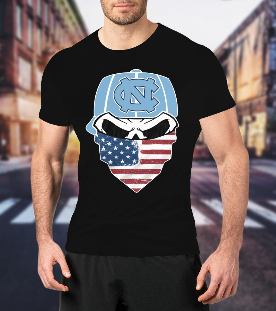 UNC Tar Heels Skull American Flag Bandana T-Shirt