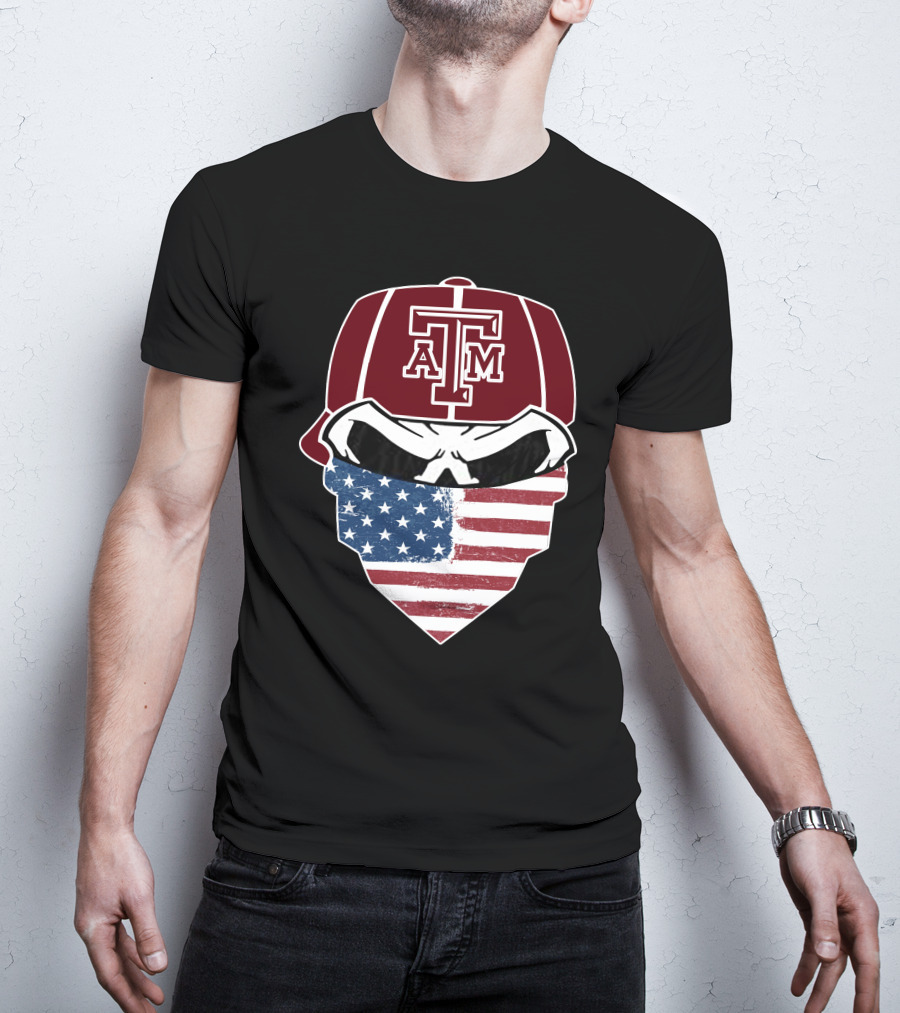Texas A&M Aggies Skull With American Flag Bandana T-Shirt