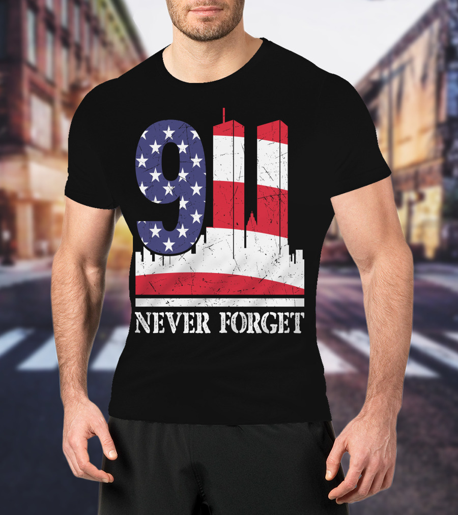 9 11 Never Forget Twin Towers American Flag T-Shirt
